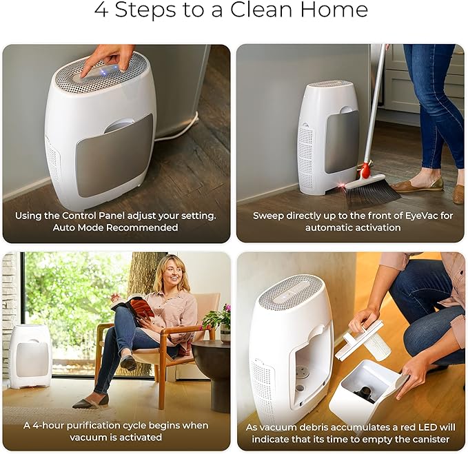 EyeVac Air 2-in-1 HEPA Air Purifier & Touchless Vacuum Automatic Dustpan - Ultra Fast & Powerful - Covers 600 Sq ft - Corded Canister Vacuum, Bagless, Automatic Sensors, 1000 Watt (White/Silver)