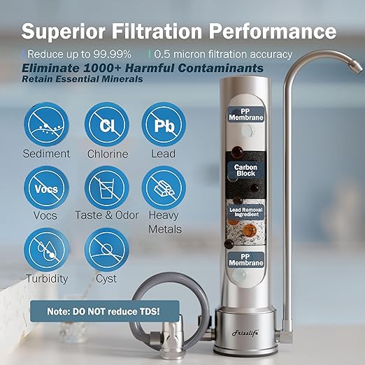 Frizzlife SS99 Countertop Water Filter System, 0.5 Micron NSF Certified 6-Stage Reduces 99.99% Lead, Chlorine, Heavy Metals, Bad Taste & Odor, Stainless Steel Faucet Water Filtration for 8000 Gallons