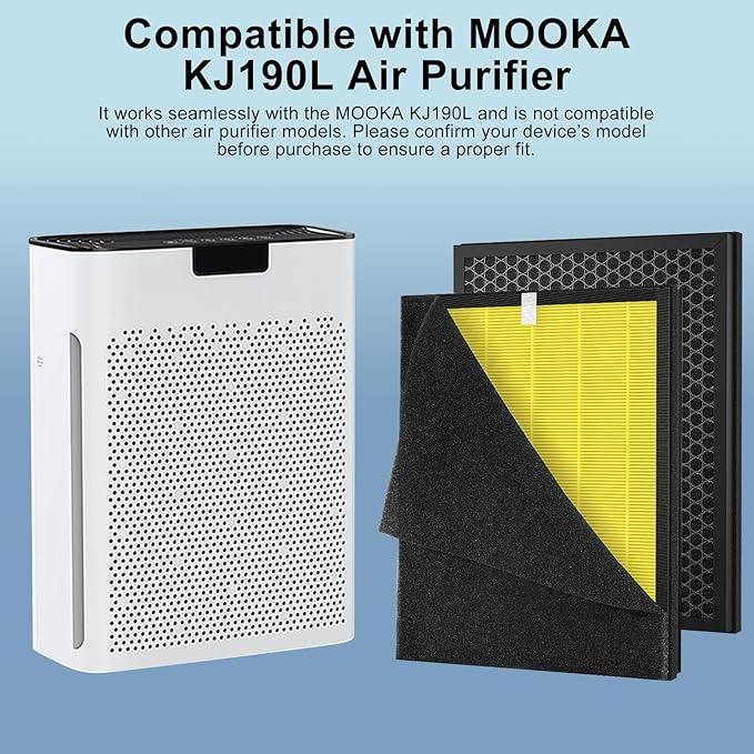 KJ190L Replacement Filter Compatible with MOOKA KJ190L Air Purifier, 3-in-1 H13 True Replacement Filter with High-Efficiency Activated Carbon and Pre-filter for Pets Odor, Smoke,Dust,1 Pack