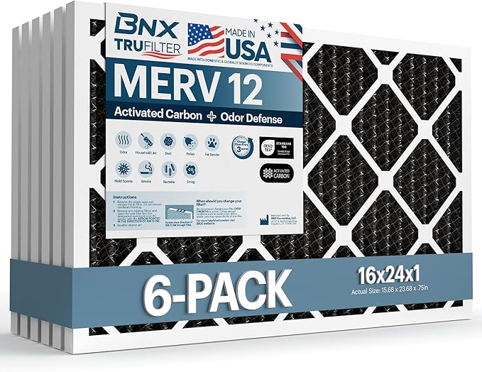 BNX TruFilter 16x24x1 MERV 12 Odor Defense (6-Pack) AC Furnace Air Filter with Activated Carbon - MADE IN USA - Pleated Air Conditioner HVAC AC Furnace Filters - Removes Odor, Mold, Bacteria, Smoke