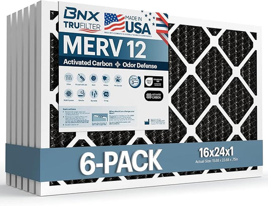 BNX TruFilter 16x24x1 MERV 12 Odor Defense (6-Pack) AC Furnace Air Filter with Activated Carbon - MADE IN USA - Pleated Air Conditioner HVAC AC Furnace Filters - Removes Odor, Mold, Bacteria, Smoke