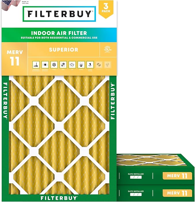 Filterbuy 20x36x2 Air Filter MERV 11 (MPR 1200) Allergen Defense Replacement (3-Pack), Electrostatic Pleated HVAC AC Furnace Filters, Made in USA (Actual Size: 19.50 x 35.50 x 1.75)