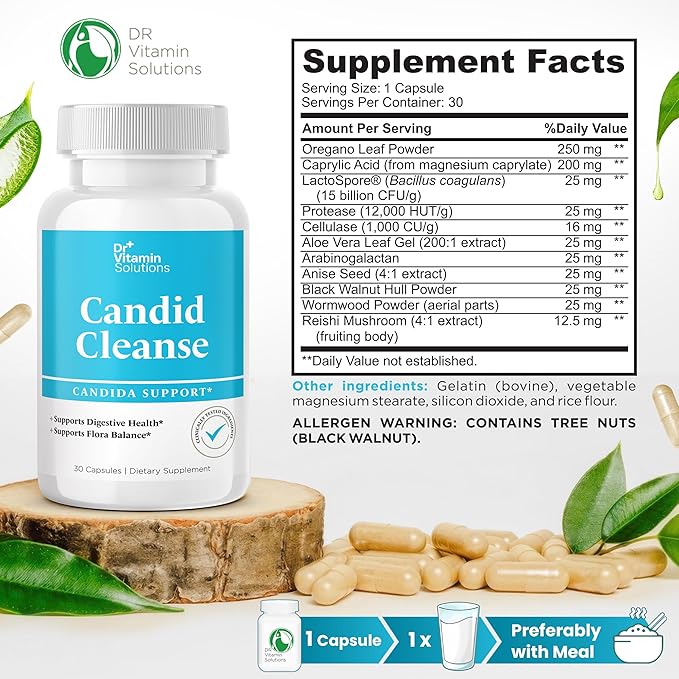 DR VITAMIN SOLUTIONS Candid Cleanse Supplement with GLP-1 Support - Oregano Leaf, Caprylic Acid & LactoSpore | Candida Support Pills for Digestive Health | Candida Cleanse Detox for Women & Men | 30