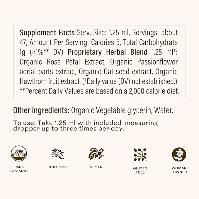 Wooden Spoon Herbs Rose-Colored Glasses Herbal Tincture | Organic Passionflower Supplement with Provence Rose Petal, Oat Tops & Hawthorn Extracts | Promotes Calm & Eases The Mind | 2oz, 32 Servings