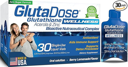Liquid Glutathione Supplement, Lemon Berry Flavored Acerola Energy Booster w/Zinc, Daily Vitamins & Minerals, Zero Sugar Formulation, Everyday Auto-Immune Support for Adults, 0.34 fl oz, Pack of 30