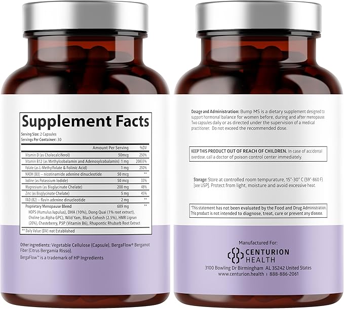Bump MS, Complete Herbal Menopause Supplement for Women, 19 Powerful Ingredients with Dong Quai, Black Cohosh, Folinic Acid, Methylfolate, Wild Yam, Choline and DHA, 60 Caps