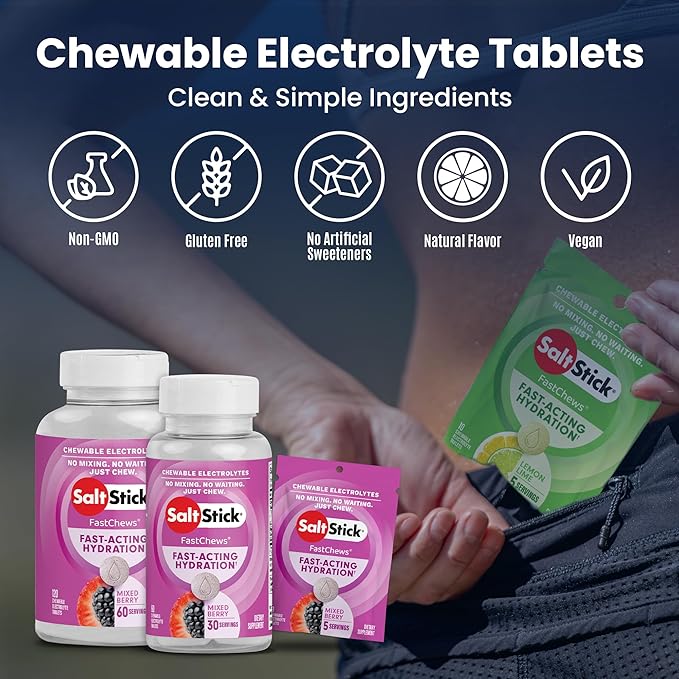 SaltStick Electrolyte FastChews - 60 Mixed Berry Chewable Electrolytes - Salt Tablets for Running and Hydration, Electrolyte Chews - 60 Count