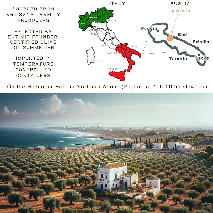 Entimio Intenso +900 mg/kg Polyphenol Rich Organic Extra Virgin Olive Oil, New 2024-2025 Early Harvest Italian Olive Oil from Puglia, Italy, 2025 Gold Winner, Cold Extracted, Lab Tested - 8.5 fl oz