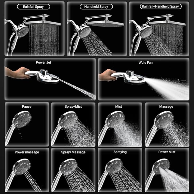 High Pressure Rain Shower Head with Handheld Spray Combo,10 Sprays Handheld Shower Head, Detachable Shower head Built-in Magnetic Docking and Power Jets (Chrome)