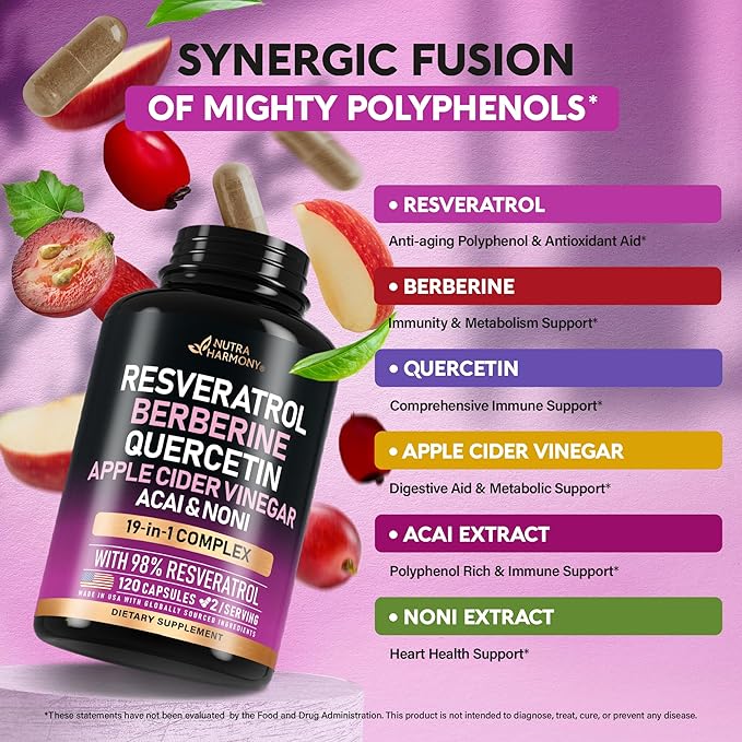 Resveratrol Supplement - 19-in-1 Organic Polyphenol Complex - Noni Extract | Berberine | Quercetin | Apple Cider Vinegar | Acai - Made in USA - Antioxidant & Heart Health Support - 120 Capsules