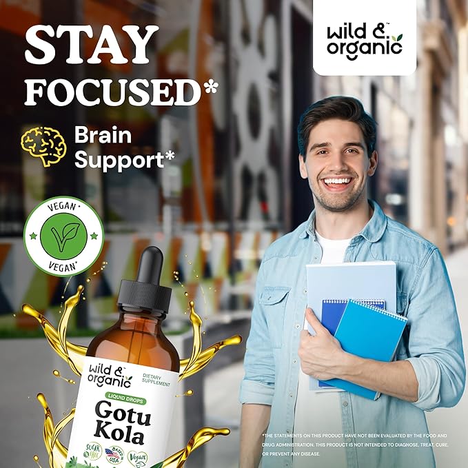 Wild & Organic Gotu Kola Extract Drops - Brain Support with Centella Asiatica Extract - Liquid Gotu Kola Supplement for Focus - Vegan, Sugar & Alcohol-Free Herb Tincture - 4 fl oz