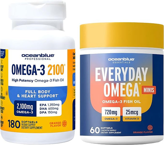Oceanblue Omega-3 Bundle – 2100 Triple Strength 180ct + Essentials Everyday Omega Minis 60ct – High-Potency EPA, DHA, DPA with Vitamin D3 – Orange Flavor – Heart, Brain & Immune Support - 2 Pack