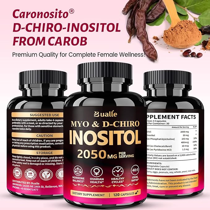 Myo-Inositol & D-Chiro Inositol Supplement for Women, 40:1 Ratio, Hormone Balance, Menstrual Cycle & Ovarian Health Support, Vegan, Non-GMO, 120 Myo & D-Chiro Inositol Capsules