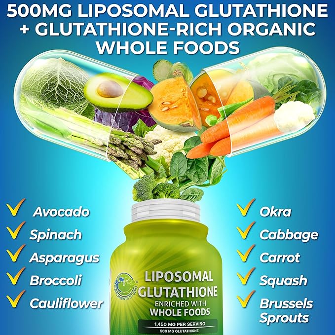 Liposomal Glutathione 500mg - Active Form L Glutathione (Reduced) for Maximum Absorption - Made with Organic Whole Foods - Master Antioxidant & Detoxifier - Immune & Cardiovascular Support - 60 Count