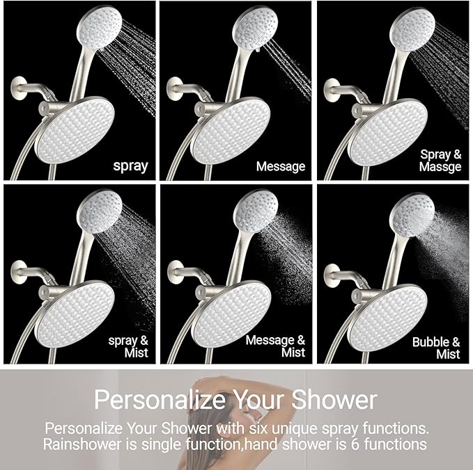 8.6 inch High Pressure 3-Way Shower Heads Combo, Pulsating Rainfall Shower Head, 6-Settings Dual Shower Head with Handheld Hose 6ft Brushed Nickel