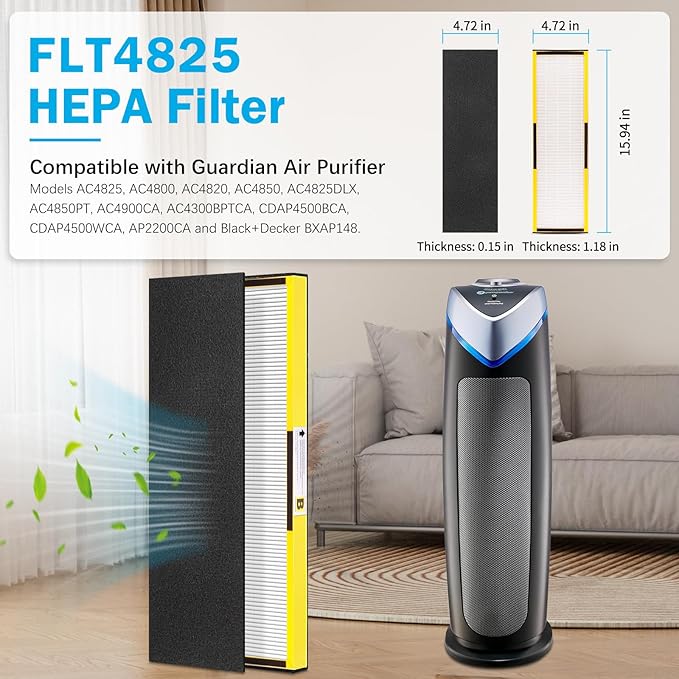 4 Pack FLT4825 Replacement Filter Compatible with GermGuardian AC4825 Air Purifier and AC4825E AC4850 AC4300 AC4800 AC4900 Air Purifiers, 4 HEPA FLT4825 Filters + 4 Pre-filters