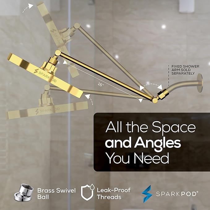 SparkPod Round Rain Shower Head with Extension Arm - Height Adjustable Shower Head with High Pressure Performance - Easy 1-Minute Installation (16" Arm Extension, Egyptian Gold)
