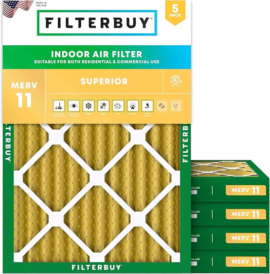 Filterbuy 20x22x2 Air Filter MERV 11 (MPR 1200) Allergen Defense Replacement (5-Pack), Electrostatic Pleated HVAC AC Furnace Filters, Made in USA (Actual Size: 19.50 x 21.50 x 1.75)