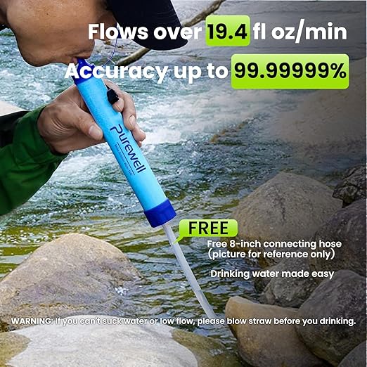 Purewell Outdoor Water Filter Personal Water Filtration Straw Emergency Survival Gear Water Purifier for Camping Hiking Climbing Backpacking(3pcs)