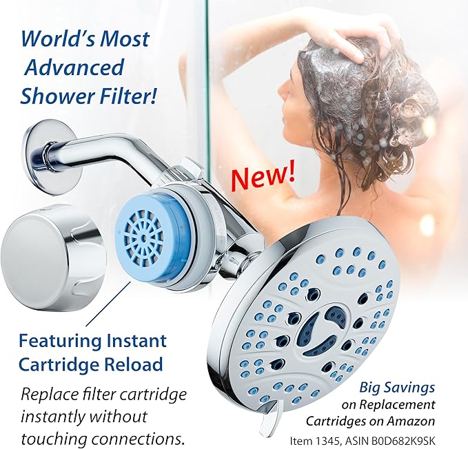 AquaCare Skin & Hair - World's Most Advanced Shower Filter for Fixed or Handheld Shower Heads with ON/OFF Filtration Modes, Instant Cartridge Reload & Stay-Clean Enriched KDF Cartridge/Chrome Finish