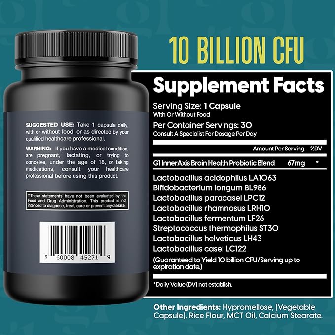 InnerAxis 2-in-1 Brain and Gut Health Probiotic, 10 Billion CFU, 8 Symbiotic Strains for Gut, Psychobiotic, Mood and Brain Support, Acidophilus Probiotic for Women and Men, 30 Servings