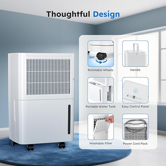 2500 Sq.Ft Dehumidifiers with Drain Hose for Home, 30 Pints Large Room Dehumidifier with Smart Humidity Control, 24H Timer, 3 Working Modes for Bathroom & Bedroom