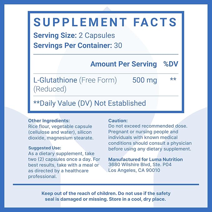 Luma Nutrition Premium Glutathione Supplement - 500mg - L-Glutathione - Antioxidant Support - Reduced - Liver Support - 60 Capsules