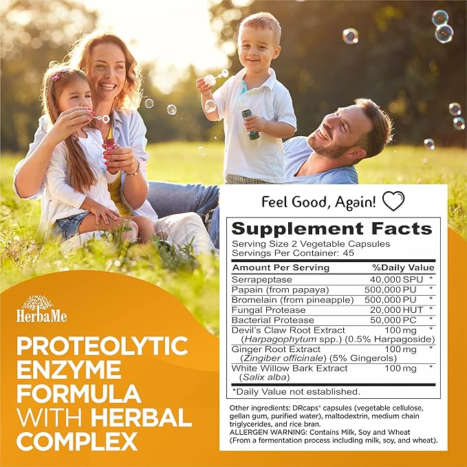 Proteolytic Enzymes Supplement with Serrapeptase - Devils Claw, 90 Capsules, Promotes Joints Relief, Muscle and Tissue Health with Lasting Mobility, Athletes Post Workout Recovery Support