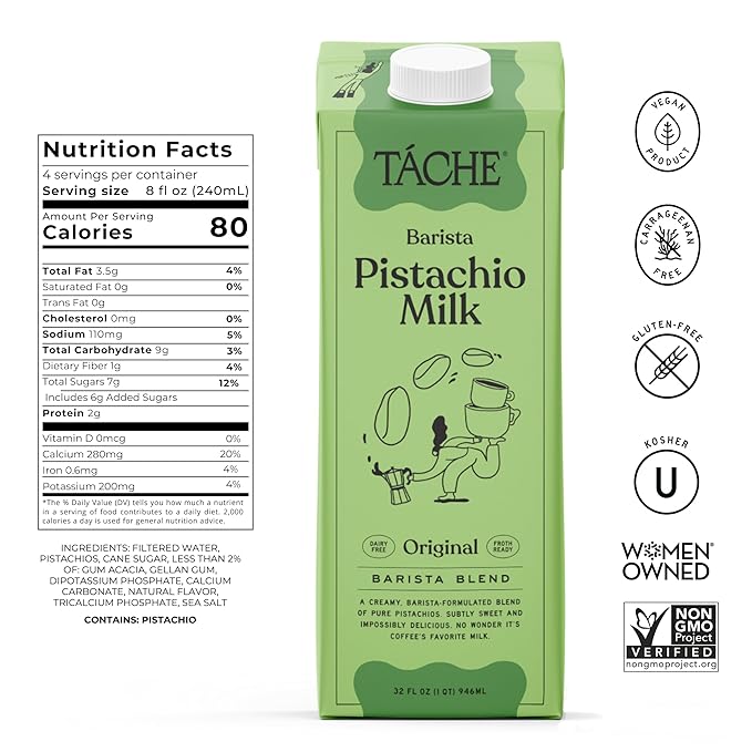 Táche Original Pistachio Milk and Ready-to-Drink Pistachio Coffee Latte Bundle, 32 oz Milk 6-Pack and 11 oz Latte 12-Pack