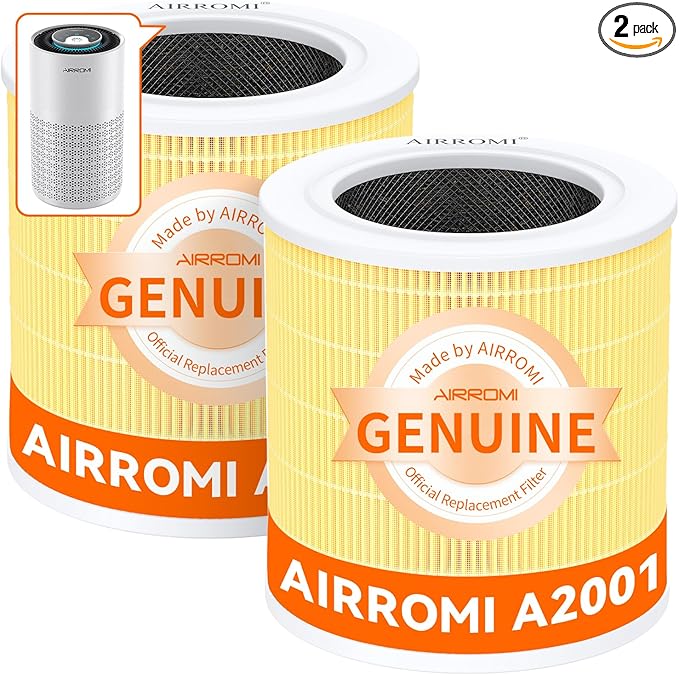 AIRROMI A2001 HEPA Air Purifier Replacement Filter: Original 3-in-1 Filter, Removes 99.97% of 0.3 Micron Particles, Yellow Activated Carbon Filter - Pets & Allergen Specific 2 Pack