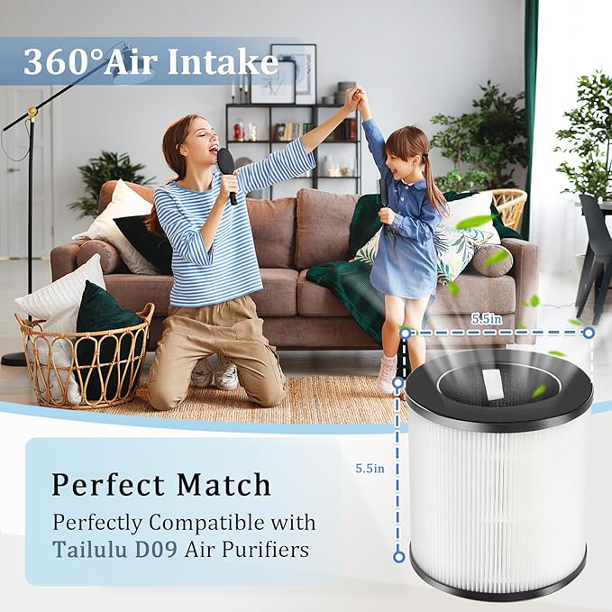 D09 Replacement Filter Compatible with Tailulu Air Purifier Cleaner D09,3-in-1 Filtration System H14 Filter for Home Large Room Up to 1500 Sq Ft 2 Pack
