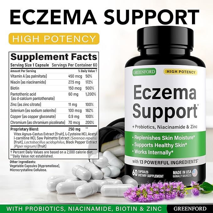 Greenford Eczema Treatment & Support for Natural Relief - Made in USA - Skin Vitamins & Herbals for Eczema, Acne, Psoriasis, Rosacea Treatment with Zinc, Niacinamide & Probiotics - 60 caps