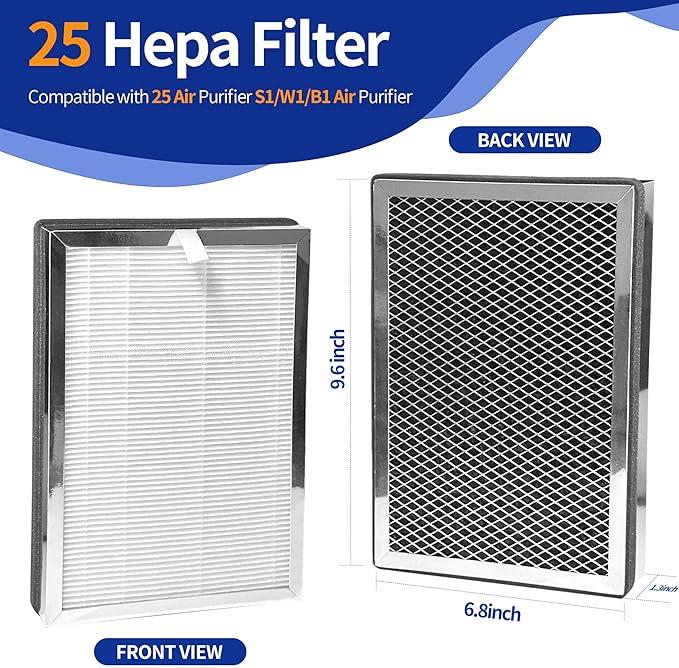 25 Replacement Filter Compatible with MA Series Air Purifier 25 W1/S1/B1,3-in-1 H13 True HEPA Activated Carbon Filter,2-Pack