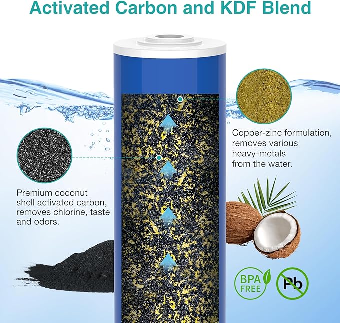 SimPure 20" x 4.5" Carbon and KDF Filters, Whole House KDF/GAC Heavy Metal Water Filter Cartridge Replacement for DB20P, DB20P-3KDF (6 Pack)