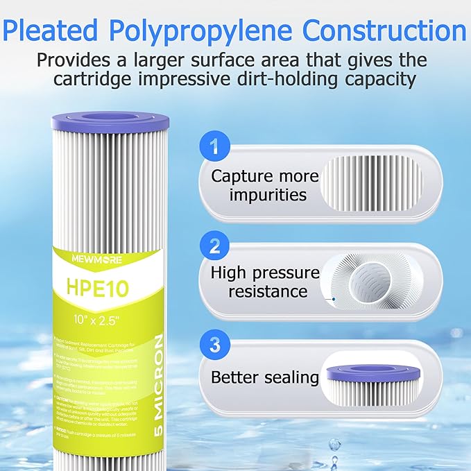 5 Micron Whole House Water Filter Cartridge, Pleated Sediment Filters for Well Water, Universal Replacement for Any 10 inch RO Unit - 10" x 2.5" Cartridges - Pack of 6