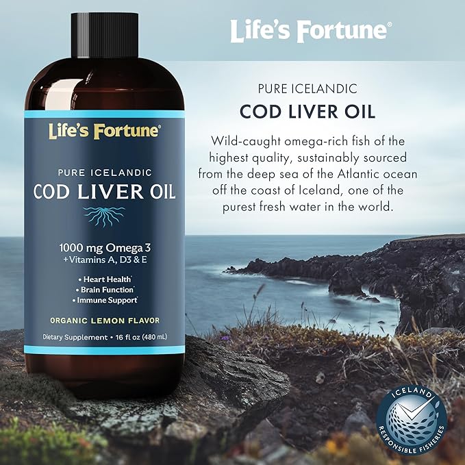 Life's Fortune Cod Liver Oil Liquid Lemon Flavor Organic Supplement with DHA, EPA 1000 mg High Potency Omega-3s + Vitamin A, E & D3 - Supports Immune, Joints, Eyes, 16 Fl Oz (Pack of 1)