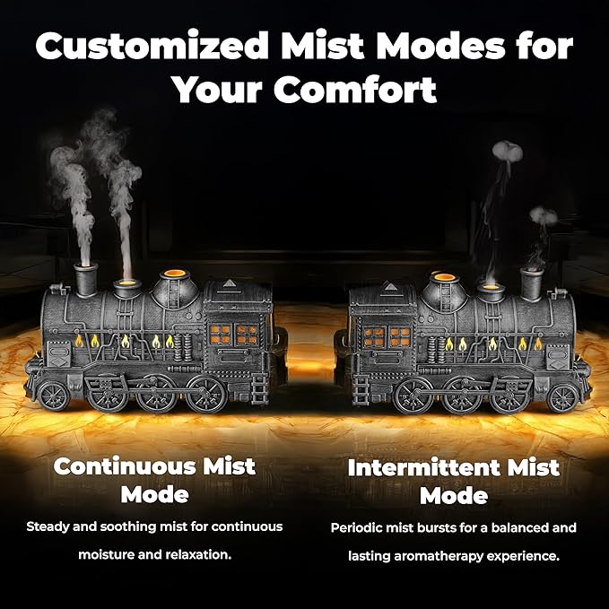 OMEO Silver Small Train Aromatherapy Humidifier & Essential Oil Diffuser - Dual Mist, Quiet Ultrasonic, 300ML Tank, Remote Control, LED Light, Air Purifier for Home, Office, and Bedroom Use