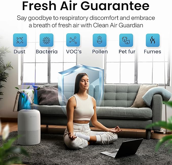 MIKO Air Purifier for Bedroom with 3-in-1 HEPA Filter & Sleep Mode, Whisper Quiet, Covers Up to 1200 ft, Smart Wi-Fi App Control - Removes Smoke, Allergens, Pets Hair, Dust, Odors, Pollutants