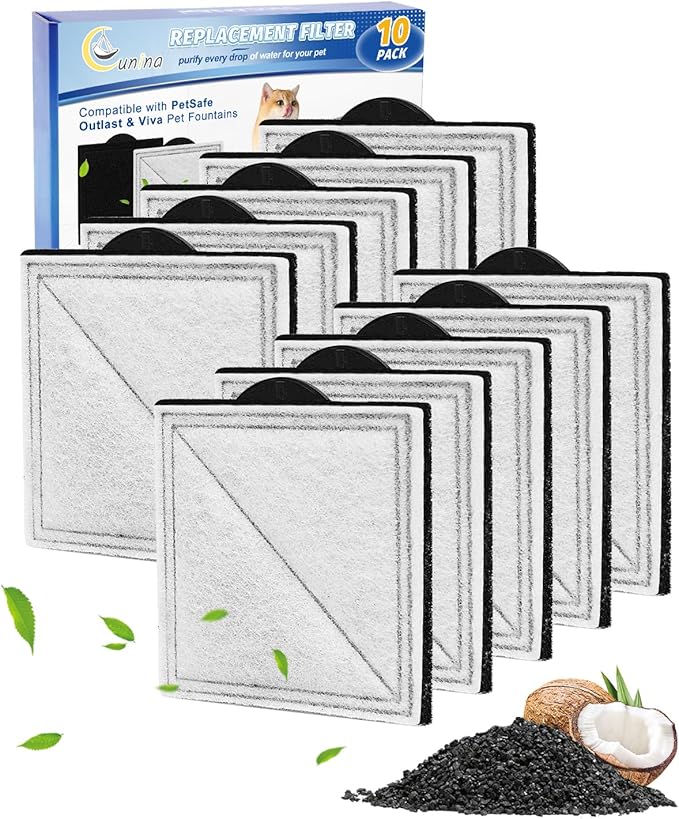 10 Pack Pet Fountain Filters Replacement Compatible with PetSafe Outlast Pumpless Fountains, Fit for Viva Cat Water Fountain Stainless Steel