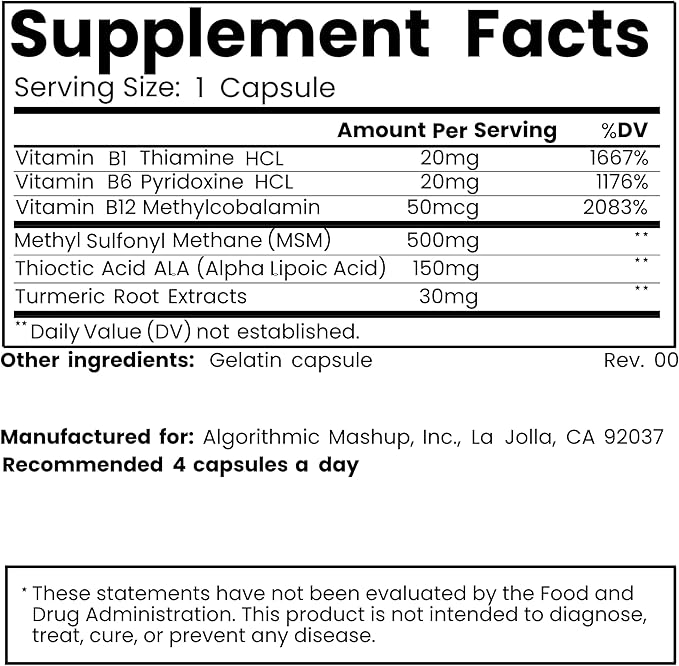 Nerve Support Supplement – Alpha Lipoic Acid, B1, B6, B12, Pureblend of MSM, Turmeric – Advanced Neuropathy Support Formula for Nerve Health, Tingling & Discomfort Relief – 120 Capsules (3-Pack)