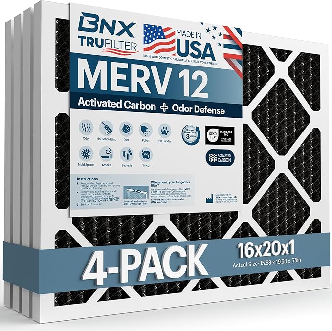 BNX TruFilter 16x20x1 MERV 12 Odor Defense (4-Pack) AC Furnace Air Filter with Activated Carbon - MADE IN USA - Pleated Air Conditioner HVAC AC Furnace Filters - Removes Odor, Mold, Bacteria, Smoke