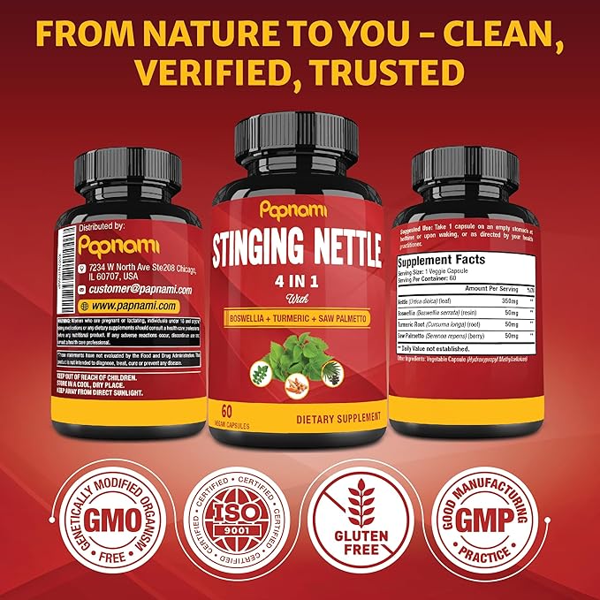 Stinging Nettle Extract Capsules with Boswellia, Turmeric & Saw Palmetto - 2 Month Supply for Joint, Body Management, Skin, Hair & Immunity