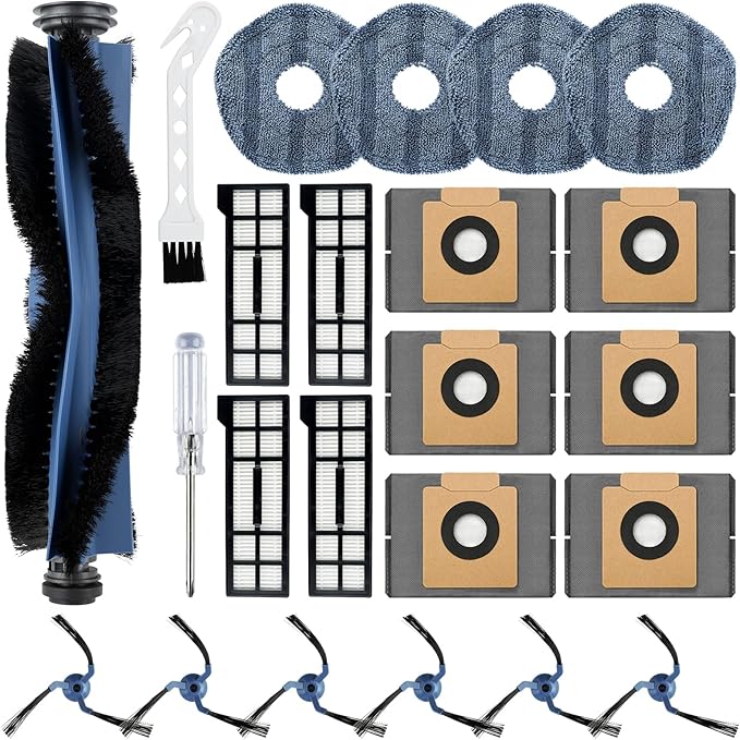 23 Pack X10 Pro Omni Replacement Parts Kit for Eufy X10 Pro Omni Robot Vacuum Accessories, 1 Main Roller Brush, 4 Hepa Filters, 4 Mop Pads, 6 Dust Bags, 6 Side Brushes, 1 Screwdriver 1 Clean Tool