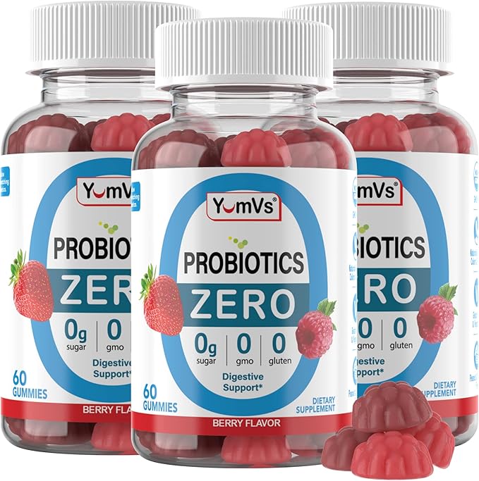 YUM-V'S - Zero Sugar Probiotic Gummies for Digestive Health - Sugar Free Probiotics for Women, Men & Kids - Gut Health Probiotic Gummies for Adults & Kids - Digestive Support Gummy Supplements - 60ct