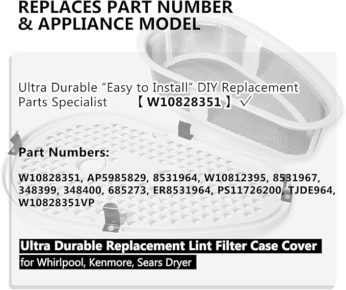 W10828351 Upgraded Clothes Dryer Lint Filter And Cover Dryer Lint Screen With Case Cover Compatible With Whirlpool Kenmore Dryer/Washer,Replaces 8531964 8531967 AP5985829