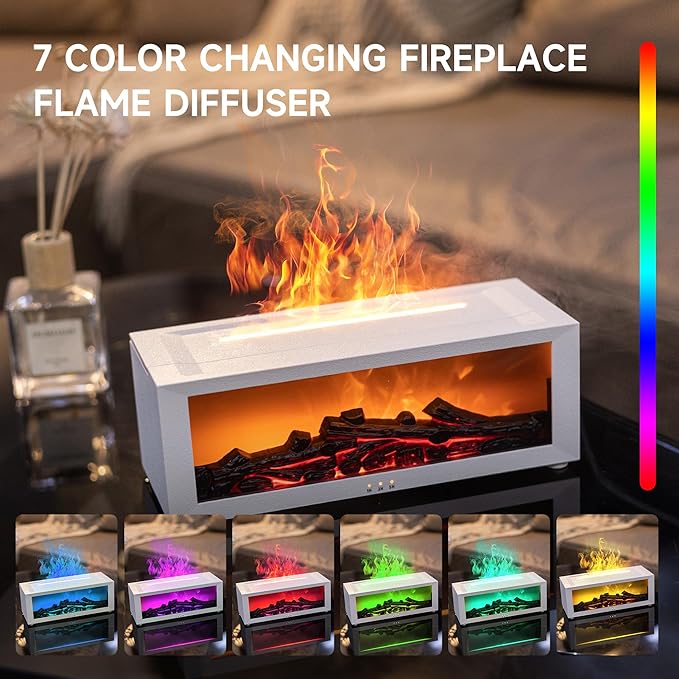 Fireplace Flame Air Diffuser Humidifier,7 Colors Aromatherapy Essential Oil Diffuser,Ultrasonic Aroma Humidifier with Timer for Home,Bedroom,Office,Yoga (WhiteA, L)