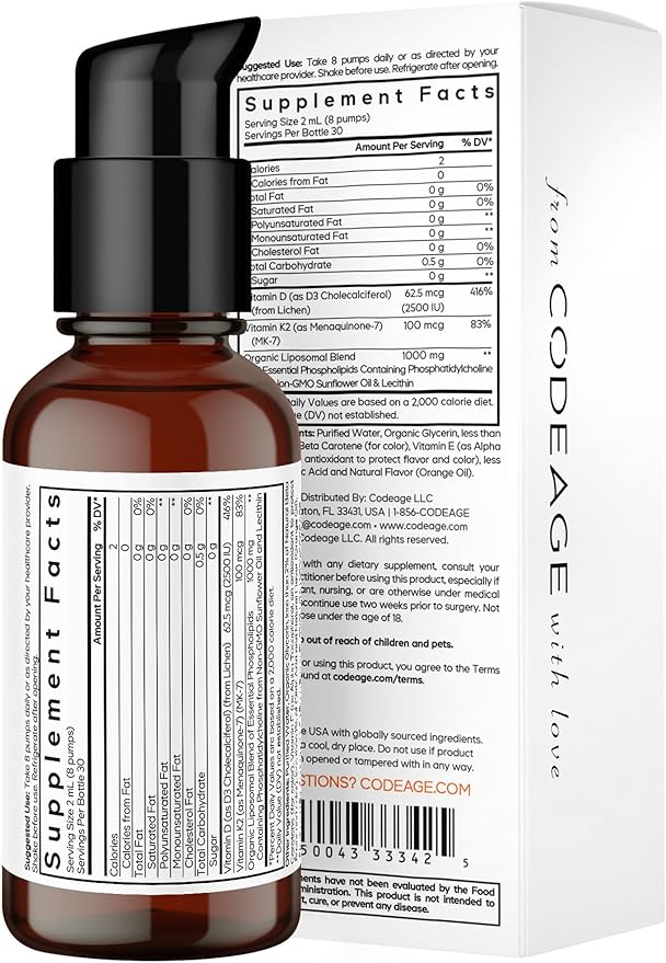 Codeage Liquid Vitamin D3 K2 Supplement, Liposomal Vitamin D Cholecalciferol, Menaquinone MK-7, Liquid Vitamin K - Vegan & Non-GMO - No Sugar - 2 fl oz