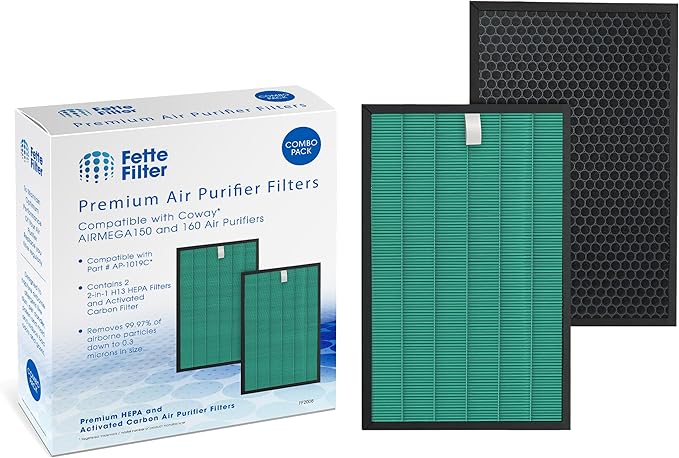 Fette Filter - Replacement Filter Set Compatible with Coway Airmega 150 (AP-1019C) & Airmega 160 Air Purifiers, 2-Pack of 2 in one H13 HEPA.