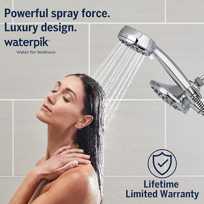 Waterpik One-Touch Dual 2-in-1 Shower System With Rain Shower Head and 7-Mode Hand Held Shower Head, Chrome XPB-133E-763E PowerPulse Chrome 8 Settings Showerhead Combo 1.8 gpm