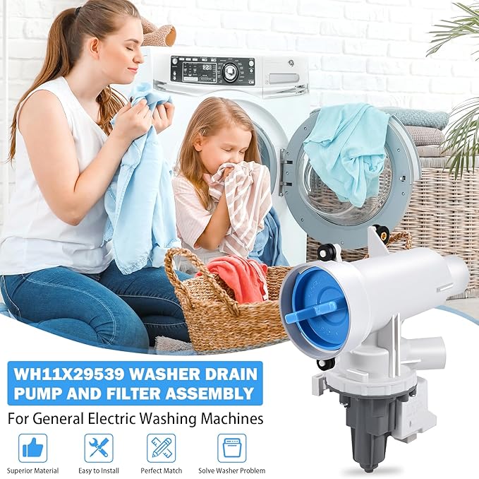 WH11X29539 Washer Drain Pump and Filter Assembly Compatible with GE Front Load Washing Machines Clothes Washer Replacement Parts AP6986715 4962370 PS16217203 EAP16217203 B25-3A04 PD00065822